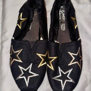 Toms Black Slip-On Flats with Gold Star Detail